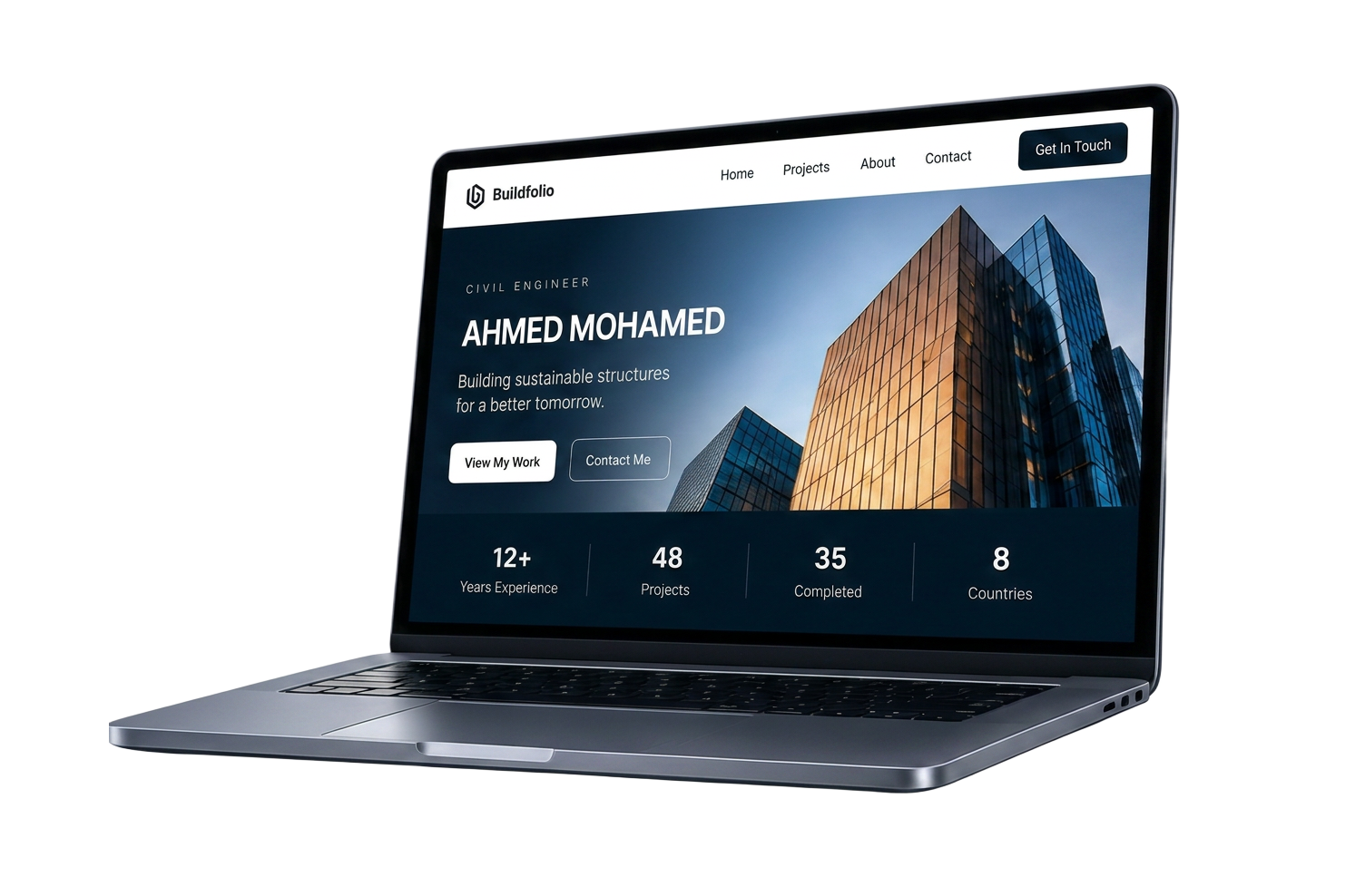 Buildfolio engineering portfolio shown on a laptop