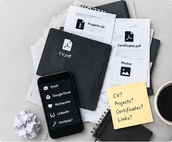 Scattered CVs, certificates and project files spread across a desk
